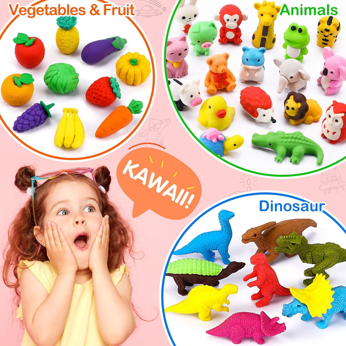 Arscniek 40 Pack 3D Puzzle Animal & Food Erasers for Kids, Take Apart Mini Pencil Erasers, Bulk Party Favors, Classroom Prizes, Treasure Box & Stocking Stuffers