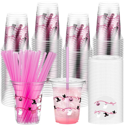 LemonRoad 50 Pcs 12oz Halloween Plastic Cups with Straws and Lids, Disposable Clear Party Cups Pumpkin Ghost Witch Drinking Set for Halloween Birthday Party Favors Supplies (Pink,Novel Style)