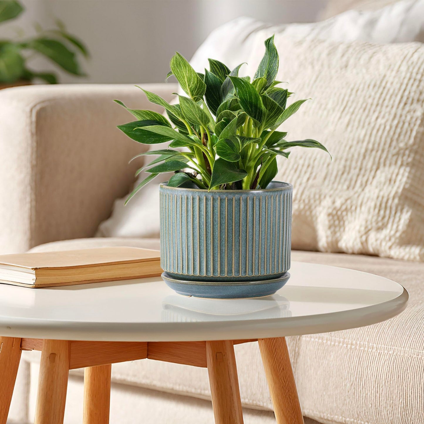 SURE YUESI Green Ceramic Plant Pots Set of 3 (4.3”+5.5”+6.7”), Indoor Striped Planters with Drainage Hole, Mesh Pads, Decorative Pots for Plants & Gardening