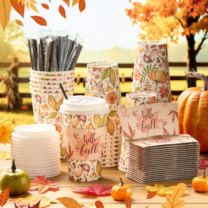 Pickmesh 50 Set Fall Disposable Coffee Cups Sets, 12oz Pumpkin Maple Leaves Thanksgiving Coffee Paper Drinking Cups with Lids, Sleeves and Stirrers for Autumn Fall Harvest Party Supplies
