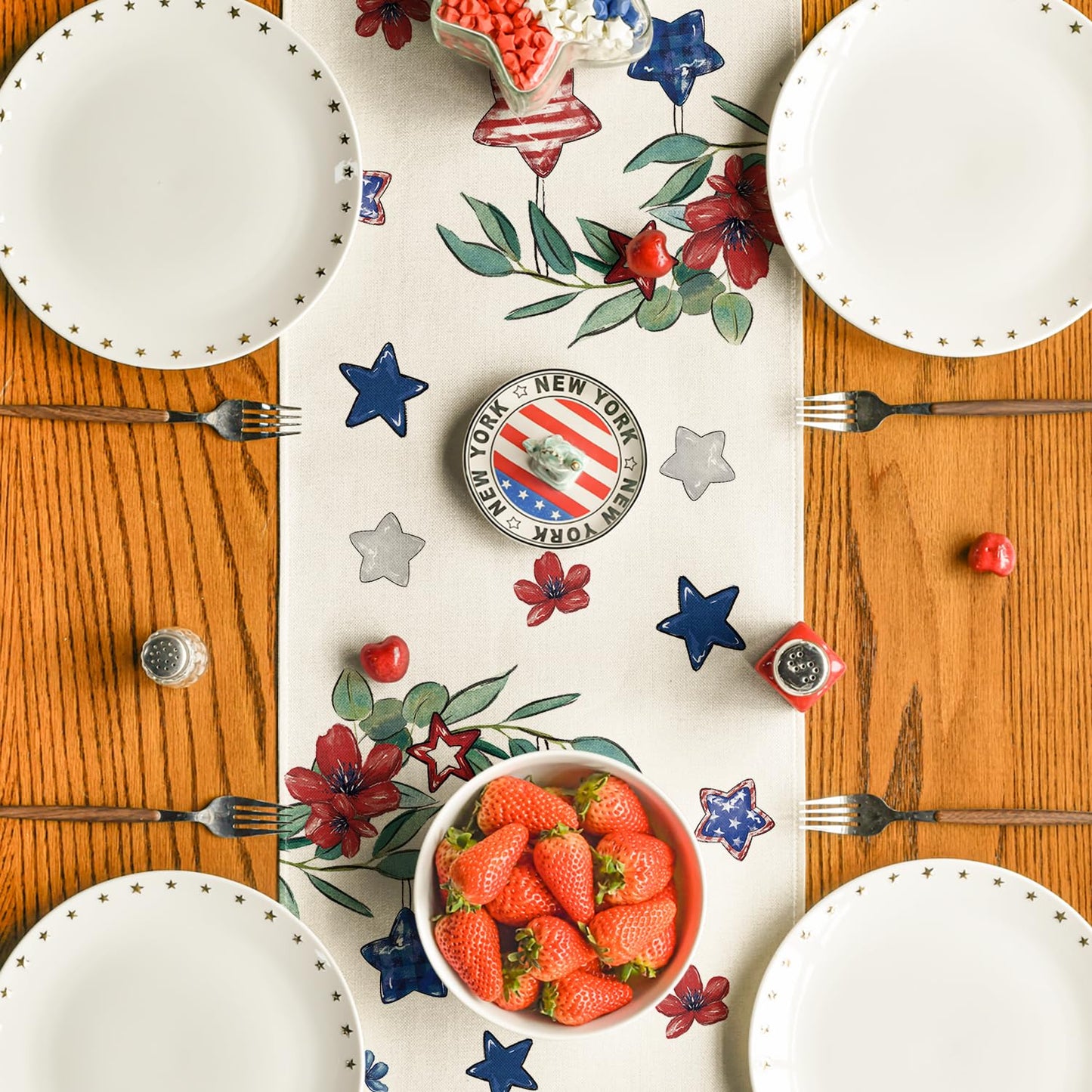Artoid Mode Eucalyptus Flowers Stars Patriotic 4th of July Table Runner, Memorial Day Kitchen Dining Table Decoration for Home Party Decor 13x36 Inch