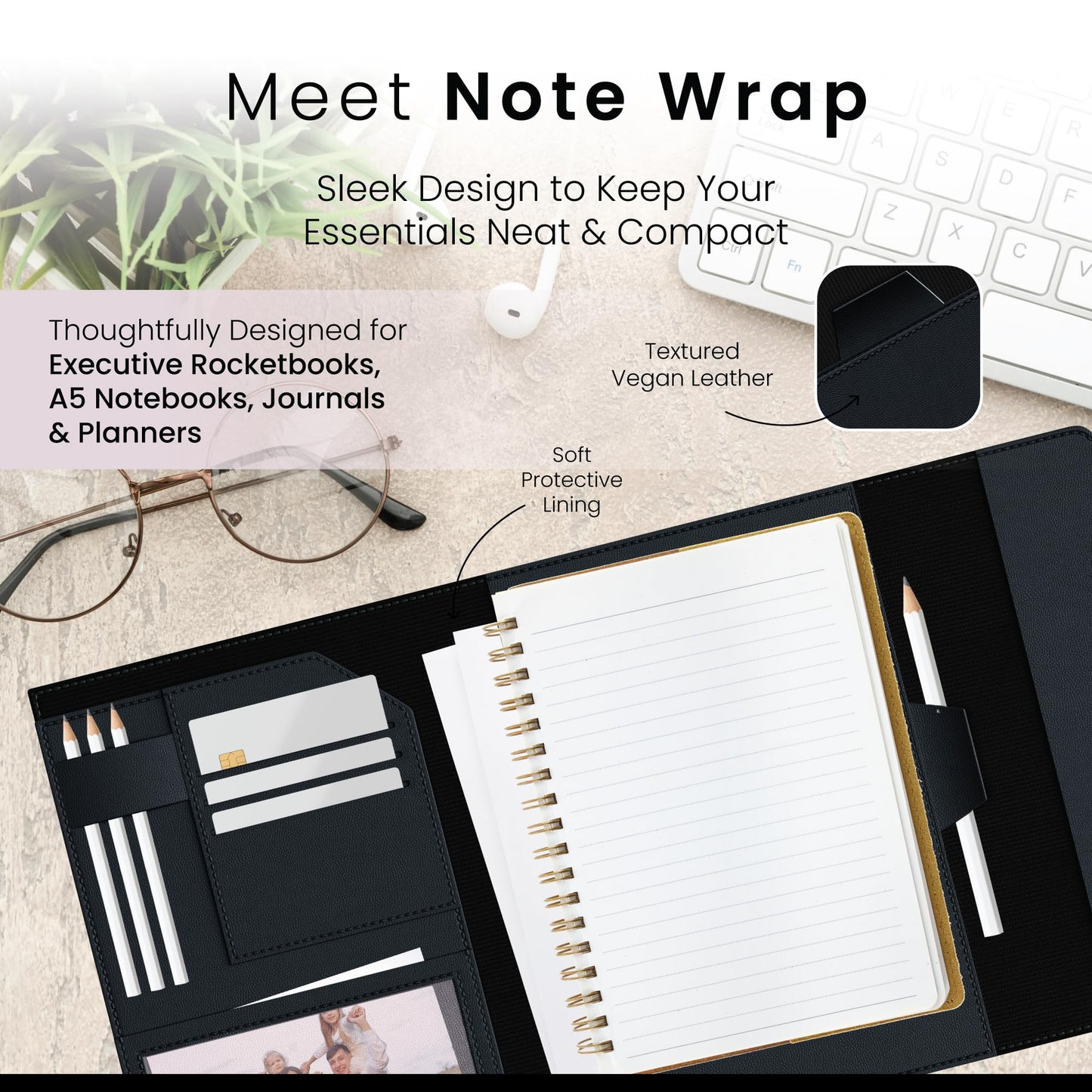 A5 Notebook Cover for Rocketbook, Planner & Journal – Slim Vegan Leather Folio with Pen Loop, Card Slots & Pockets – Fits Rocketbook Core, Panda, Fusion & Most 6" x 8.8" Notebooks