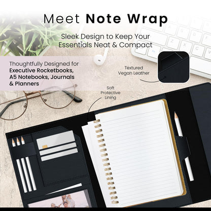 A5 Notebook Cover for Rocketbook, Planner & Journal – Slim Vegan Leather Folio with Pen Loop, Card Slots & Pockets – Fits Rocketbook Core, Panda, Fusion & Most 6" x 8.8" Notebooks