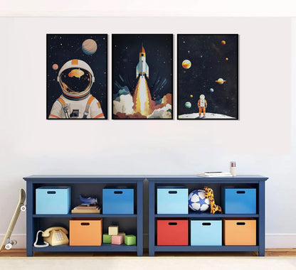 3Pcs Space Astronaut Wall art Cute Astronaut Canvas Nursery Galaxy Posters Modern Space Themed Print Rocket Pictures Toddler Boy Room Wall Decor for Adventure Kids Bedroom Nursery Room Unframed