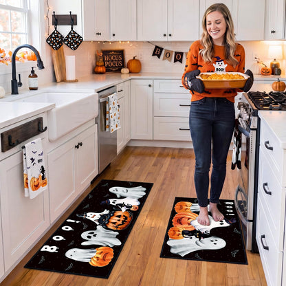 Fourluoo 10 Pcs Halloween Ghost Kitchen Decor Set Kitchen Rugs Dish Towels Oven Mitts and Pot Holders Set Ghost Decorations for Halloween Cooking Baking Grilling