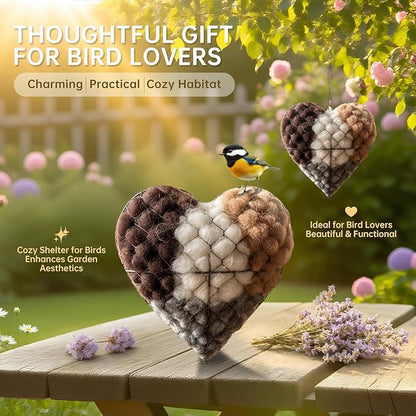 Handmade Alpaca Fiber Bird Nesting Heart with 4 Refill Bags, Reusable Nesting Material Accessory for Wild Birds, Outdoor Garden Decoration, Gift for Bird & Nature Lovers (2 Sets)