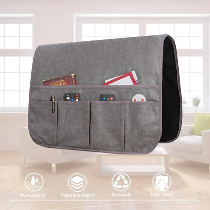 Waterproof Anti-Slip Sofa Armrest Organizer Armchair Caddy for Couch Remote Control Holder Sofa Armset Organizer with 6 Pockets Couch Armrest Storage for Book 35"x19.5" Grey 1 Pack
