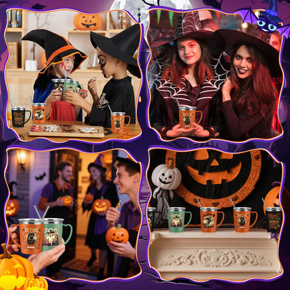 Kritkin 6 Pcs Halloween Coffee Mugs Cups 16 oz Halloween Stainless Steel Insulated Tumblers Bulk with Handle Lid Straw Brushes Spooky Ghost Face Monster Black Cat Mugs Trick or Treat Gifts
