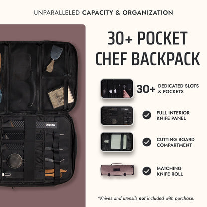 Asaya Chef Knife Backpack with 20-Pocket Knife Roll Bag - Over 30 Storage Pockets Chef Bag, Professional Backpack for Chefs and Culinary Students – Knives Not Included (Brown)