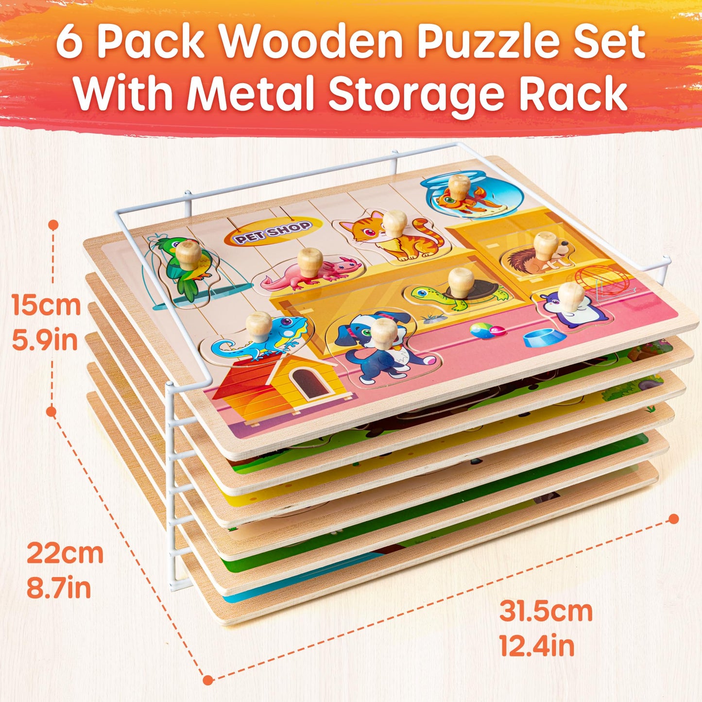 SYNARRY Wooden Puzzles for Toddlers 1-3, 6XSET Animals Puzzles for Toddlers 2-4 with Rack, Toddler Puzzles Ages 2-4, Kids Learning Educational Montessori Toys, Education Toys for 2 3 Years Boys Girls
