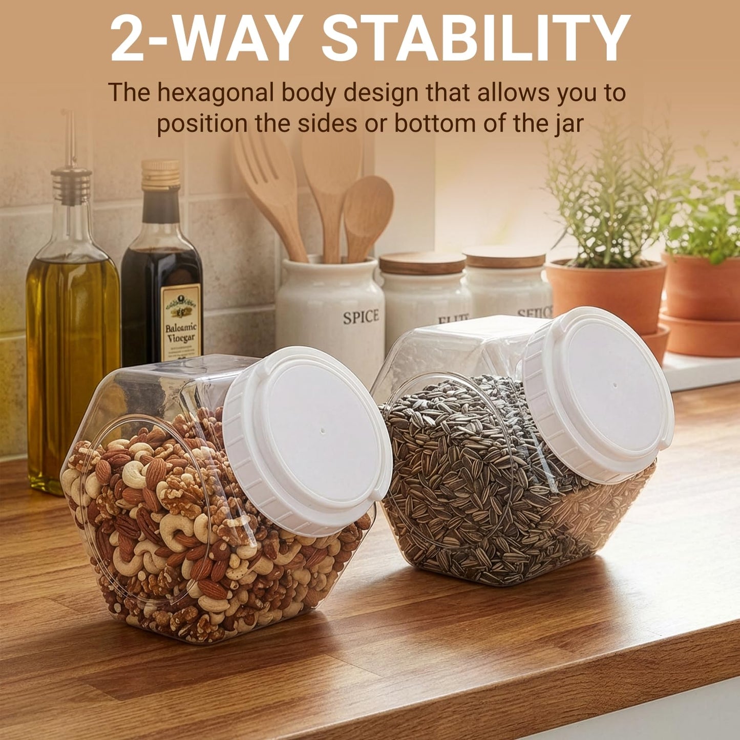 SOUJOY 2 Pack Plastic Candy Jar with Lid, 1 Gallon Cookie Containers for Kitchen Counter, Clear Hexagon Candy Display for Snacks, Dog Treats, Craft and Sewing Supplies, Coffee Pod, Laundry Pod