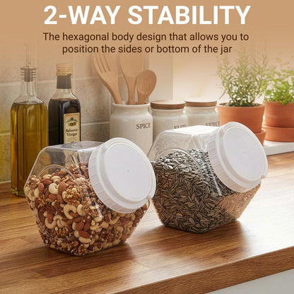 SOUJOY 2 Pack Plastic Candy Jar with Lid, 1 Gallon Cookie Containers for Kitchen Counter, Clear Hexagon Candy Display for Snacks, Dog Treats, Craft and Sewing Supplies, Coffee Pod, Laundry Pod