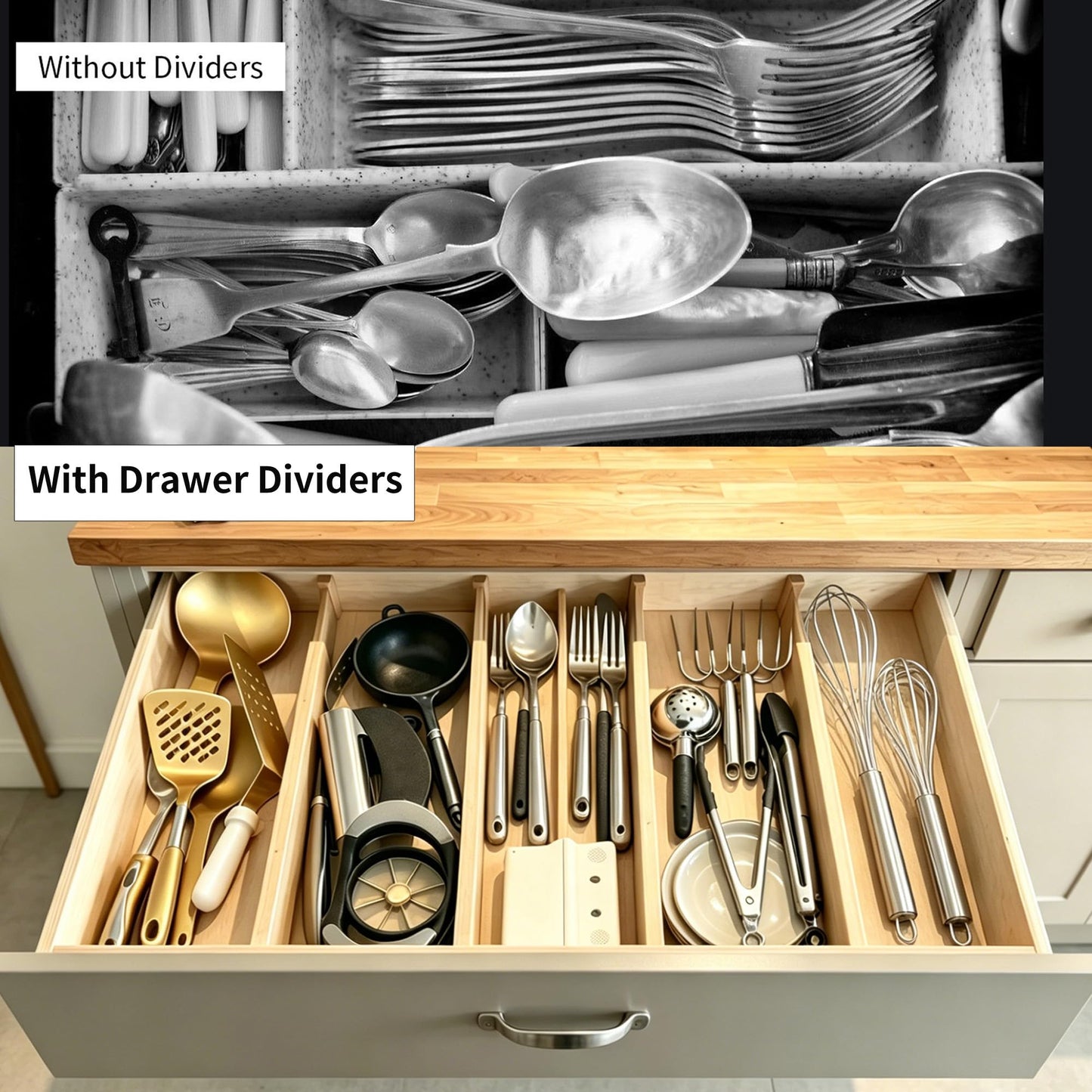 Utoplike 4 pcs Bamboo Kitchen Drawer Dividers Large, Adjustable Drawer Organizers, Spring Loaded, Expandable Organization Works in Kitchen, Dresser, Bathroom, Bedroom, Drawer, Desk