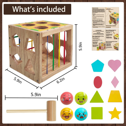 GalaJoyWud Wooden Activity Cube for Baby,Shape Sorters for Toddlers 1-3, Developmental Toy with Bead Maze, Hammer Pounding & Sensory Blocks, Gift for Boys and Girls