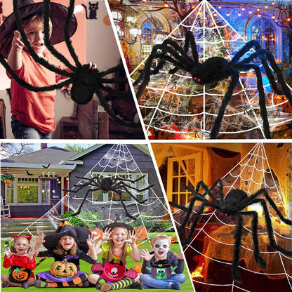 Newar Halloween Giant Spider Webs Decorations Outdoor, 276" Triangle Giant Spider Web + 59" Scary Big Spider + 20Pcs Small Spiders + 40g Stretch Cobwebs for Yard Porch Garden Haunted House Decor