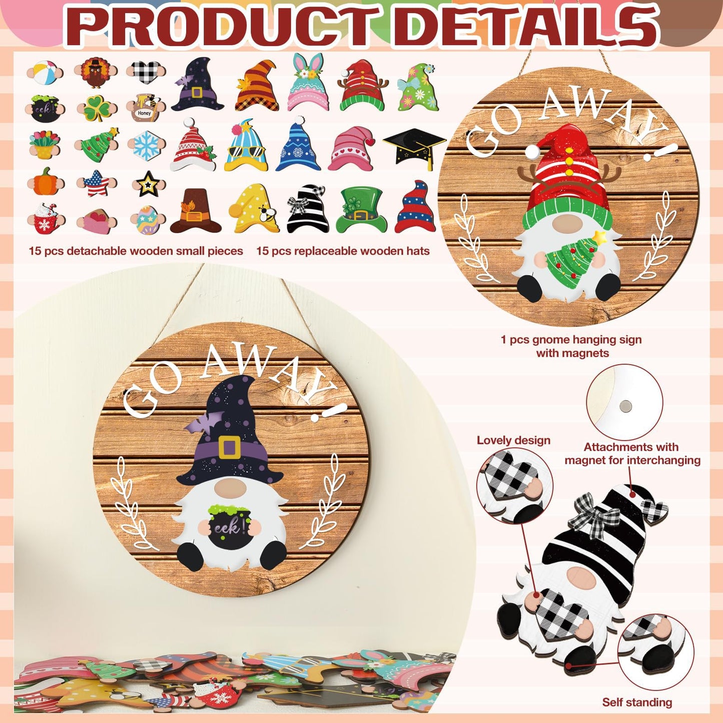 Seasonal Gnome Wall Decor Set, 11.8 inch Wooden Round Sign with Interchangeable Holiday Hats, Welcome Door Hanging (Delicate)