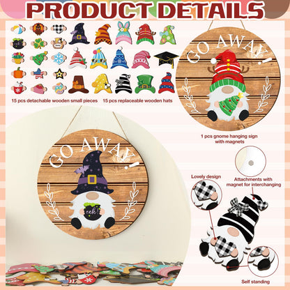 Seasonal Gnome Wall Decor Set, 11.8 inch Wooden Round Sign with Interchangeable Holiday Hats, Welcome Door Hanging (Delicate)
