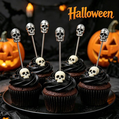 Homestia 6PCS Stainless Steel Skull Cocktail Picks 4.7", Gothic Martini Skewers Set, Reusable Silver Skull Drink Picks for Cocktails Olives Appetizers Halloween Party Holiday Supplies