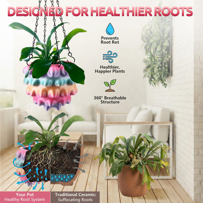 Enhon 6 Inch Hanging Planters for Indoor Plants, Unique Hanging Pots for Plants with Drainage and Hanger Baskets Hangers, Spiked Orb Plant Hanger, Silky Rainbow Finish