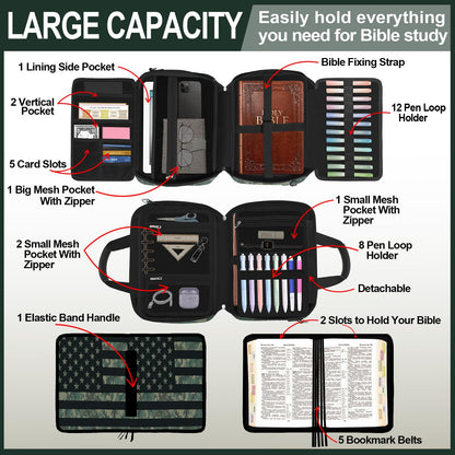IBOVODI American Flag Caom Bible Cover Case for Men Boys, Large Kids Tactical Bible Carrying Book Case Church Bag, Bible Study Supplies Journaling Kit, Highlighters,Pens Cross Clips, Christian Gifts