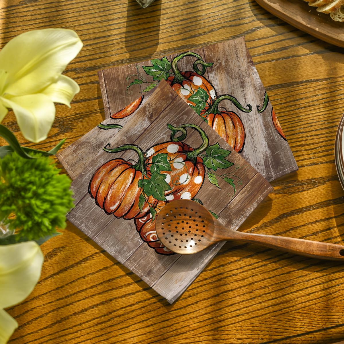 Horaldaily Fall Cloth Napkins 18 x 18 Inch, Thanksgiving Autumn Harvest Brown Pot Pumpkin Party Dinner Decoration Washable Napkins Set of 6