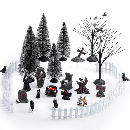Liliful 32 Pcs Halloween Village Miniature Town Accessories Set Halloween Figurines Spooky Bare Branches Tombstones Skeleton Skulls Resin Horror Village Collections for Party Town Decorations