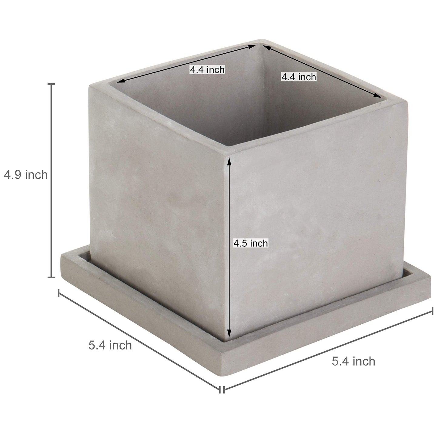 MyGift 5-Inch Square Light Gray Cement Plant Pot with Drainage, Small Flower Succulent Planters with Removable Saucer Trays, Set of 2