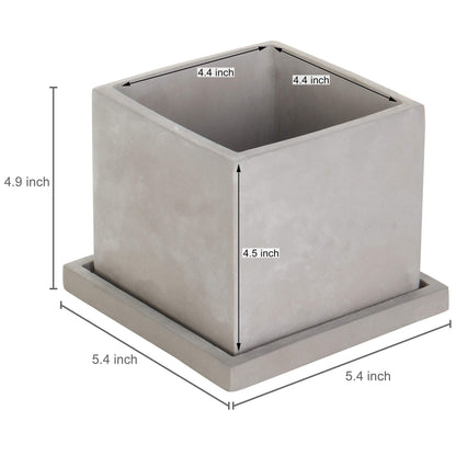 MyGift 5-Inch Square Light Gray Cement Plant Pot with Drainage, Small Flower Succulent Planters with Removable Saucer Trays, Set of 2
