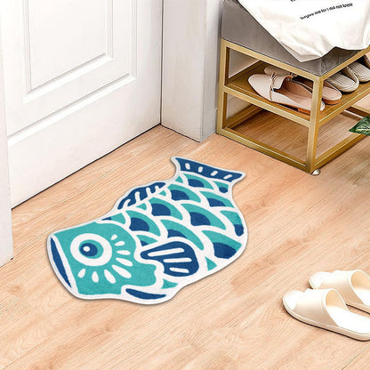 Kitcmat Cute Fish Bath Mat Non-Slip Absorbent Bathroom Rug in Japanese Koi Flag Shape Funky Soft Washable Bath Mat for Bathroom, Shower, Room 17.7"x33.5", Cyan