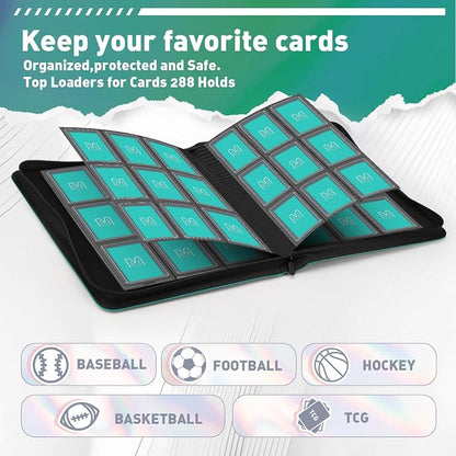 Toploader Binder,Trading Card Binder Storage Hold up 288 Cards 9-Pocket Top Loader Binder with Sleeves for 3"x4" Rigid Toploaders Hard Cases (9Cyan5)