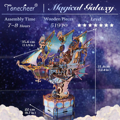 Tonecheer 3D Wooden Puzzle Airship Model Kit, DIY Transmission Model Fantasy Ship Spaceship with Music, Movable Building Kit Starlight Craft Mechanical Decor Idea Gift for Adults - Magical Galaxy