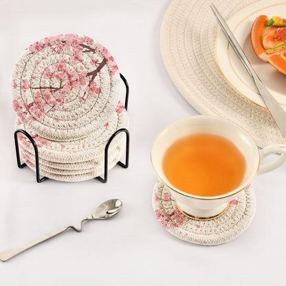 FENOCHE Pink Cherry Blossom Coasters Set of 6 Absorbent Drink Coaster with Holder for Cup Coffee Table Home Decor 3.94 Inch