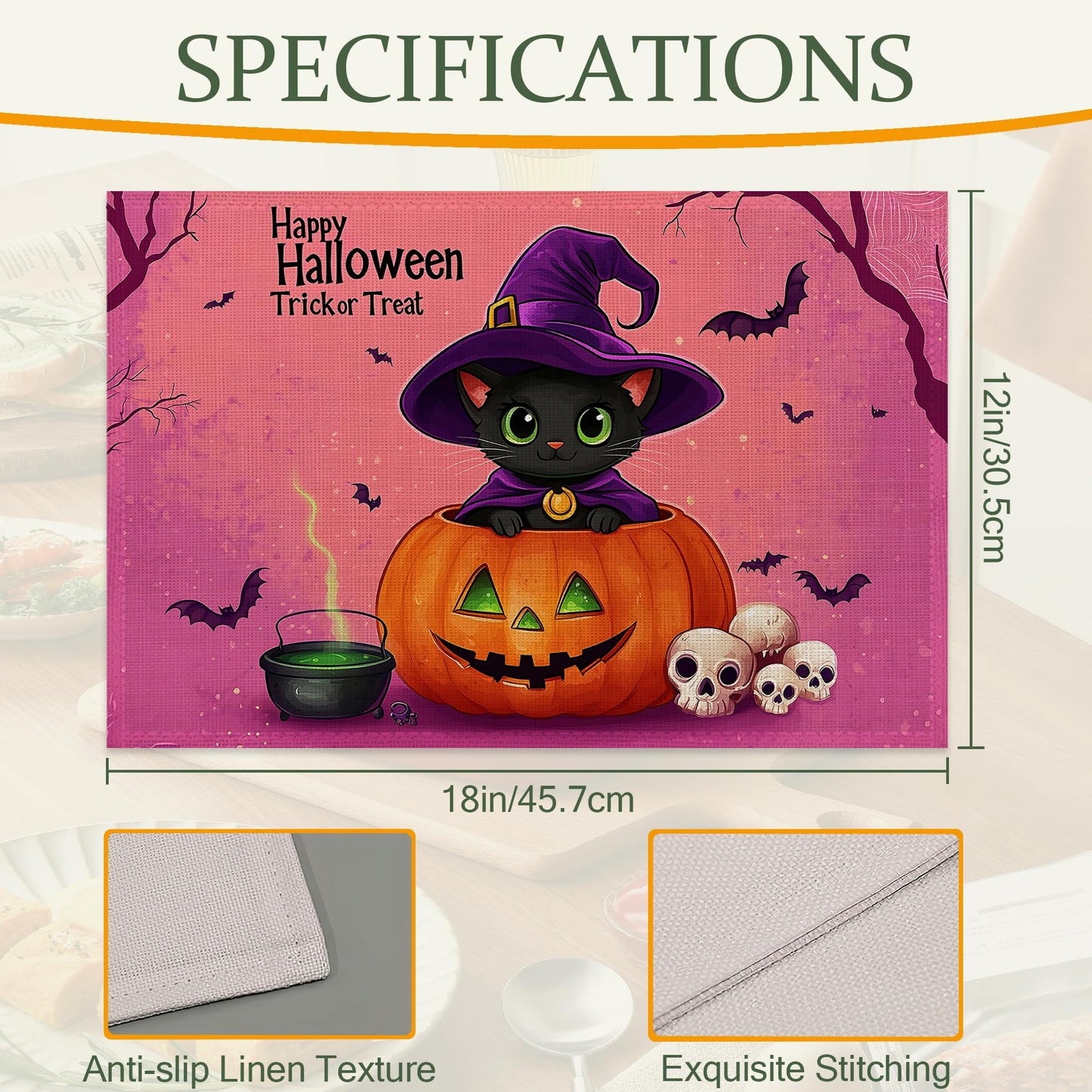 Black Cat Table Placemats Set of 6,Non-Slip Halloween Pumpkin Fabric Placemats for Dining Room Kitchen Party Holiday, Indoor Cloth Table Mats for Home Decor 11.8x17.7 Inch