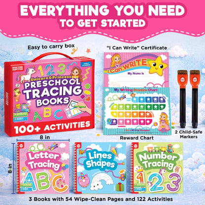 Doctor Jupiter Preschool Tracing Books for Toddlers, 3+ Year Old Kids |Learning Activity Books, Unicorn & Princess Educational Toys, 100+ Wipe Clean Preschool & Kindergarten Activities