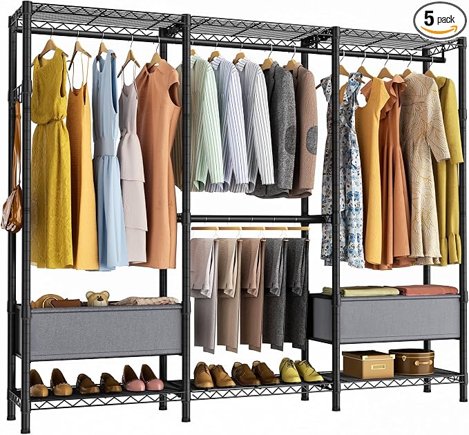 Golpart Clothes Rack Coat Rack Closet Organizers and Storage Laundry Room Organization Heavy Duty Portable Clothing Racks for Hanging Clothes Adjustable Freestanding with Shelves and Wheels Black