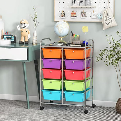 LDAILY 10 Drawer Rolling Cart, Storage Cart Organizer on Wheels, Drawer Cart with Metal Frame & Large Storage Capacity, Rolling Cart with Drawers for Living Room Classroom, Office