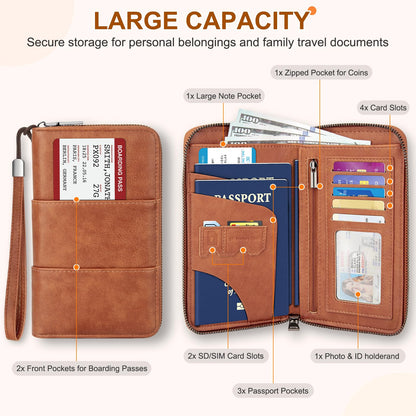 ZENTREON Family Passport Holder Wallet with Zipper, RFID Blocking Travel Document Organizer, PU Leather Passport Wallet for Women Men, Passport Cover Travel Wallet for Boarding Pass, ID, Money, Ticket
