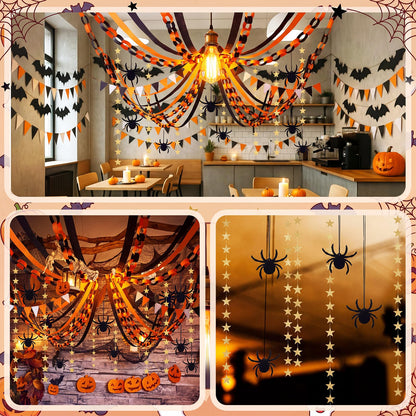 Epakh Halloween Ceiling Decorations Black and Orange Paper Chain Garland Gold Star Curtains Spider Hanging Decor Crepe Paper Streamer Banner for Halloween Party Haunted House Classroom Decor