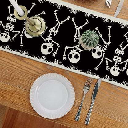 Halloween Table Runner Skeleton Dancing Funny Black Linen Seasonal Kitchen Dining Table Home Outdoor Party Decorations (13'' x 90'')