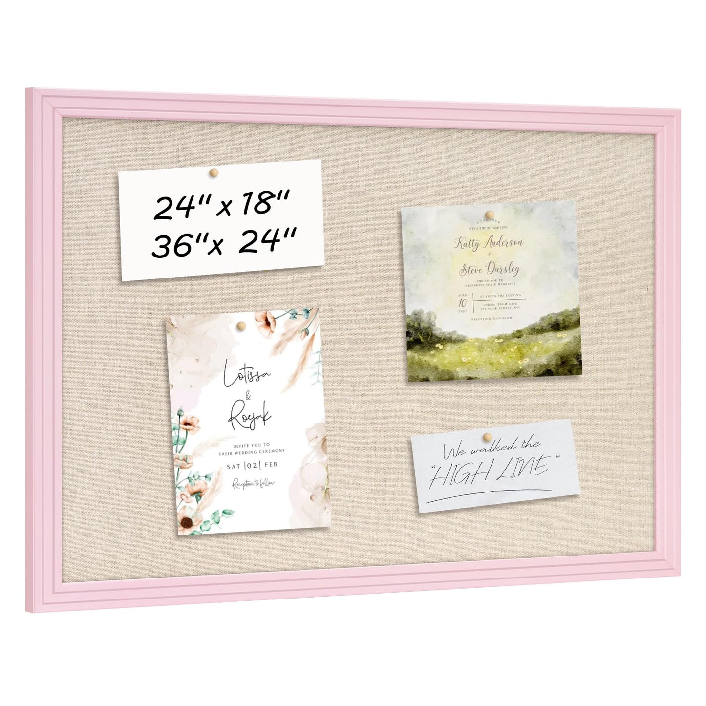 DOLLAR BOSS Linen Bulletin Board 36" x 24", Decorative Cork Boards for Walls with White Wood Frame, Premium Fabric Pin Board for Office, Home & School Room Decor, Pink