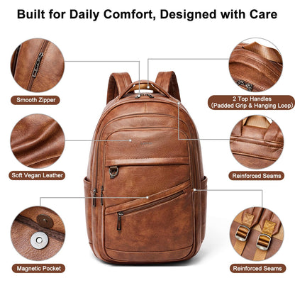 LATMAP 43L Backpack for Women Men - Vegan Leather Backpack Purse Travel Carry-on Bag College Bookbag Work fits 17" Laptop, Brown