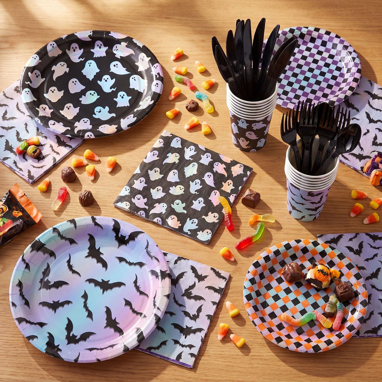 Yungyan 24 Set Summer Halloween Paper Plates and Napkins Cups with Forks and Knives Summer Halloween Disposable Dinnerware Set for Ghost Spooky Boo Birthday Shower Party Decoration(Laser)