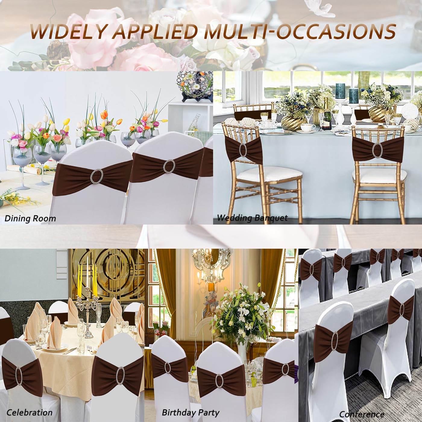 JFDYDM Brown Chair Sashes 50 Pack, Spandex Brown Chair Bows Bands with Buckle Slider for Folding Chairs Wedding Party Birthday Decor, Chair Ties
