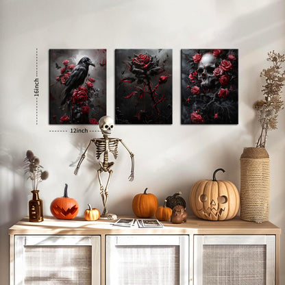 Gothic Canvas Wall Art Set of 3, Romantic Rose Halloween Wall Decor Paintings, Dark Goth Crow Skull Posters Prints for Bathroom Living Room Gallery Home Decor 12x16In Framed