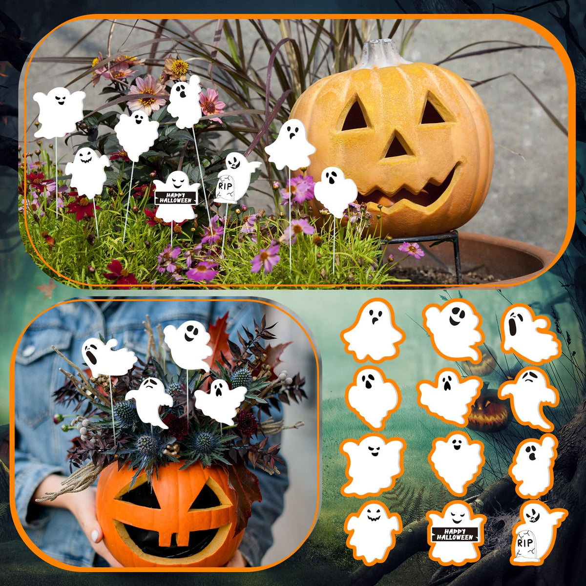 Fullhawl 12 Pcs Halloween Ghost Garden Stakes Spooky Planter Stakes Double Sided Yard Signs Waterproof Cute Outdoor Decorations for Home Potted Planter Lawn Garden Yard Party Favor(Halloween Ghost)