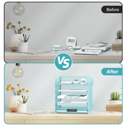 Supeasy 5 Trays Paper Organizer Letter Tray with Handle-Mesh Desk File Organizer, Paper Sorter Desk Organizer for Office, Home or School (Light Blue)