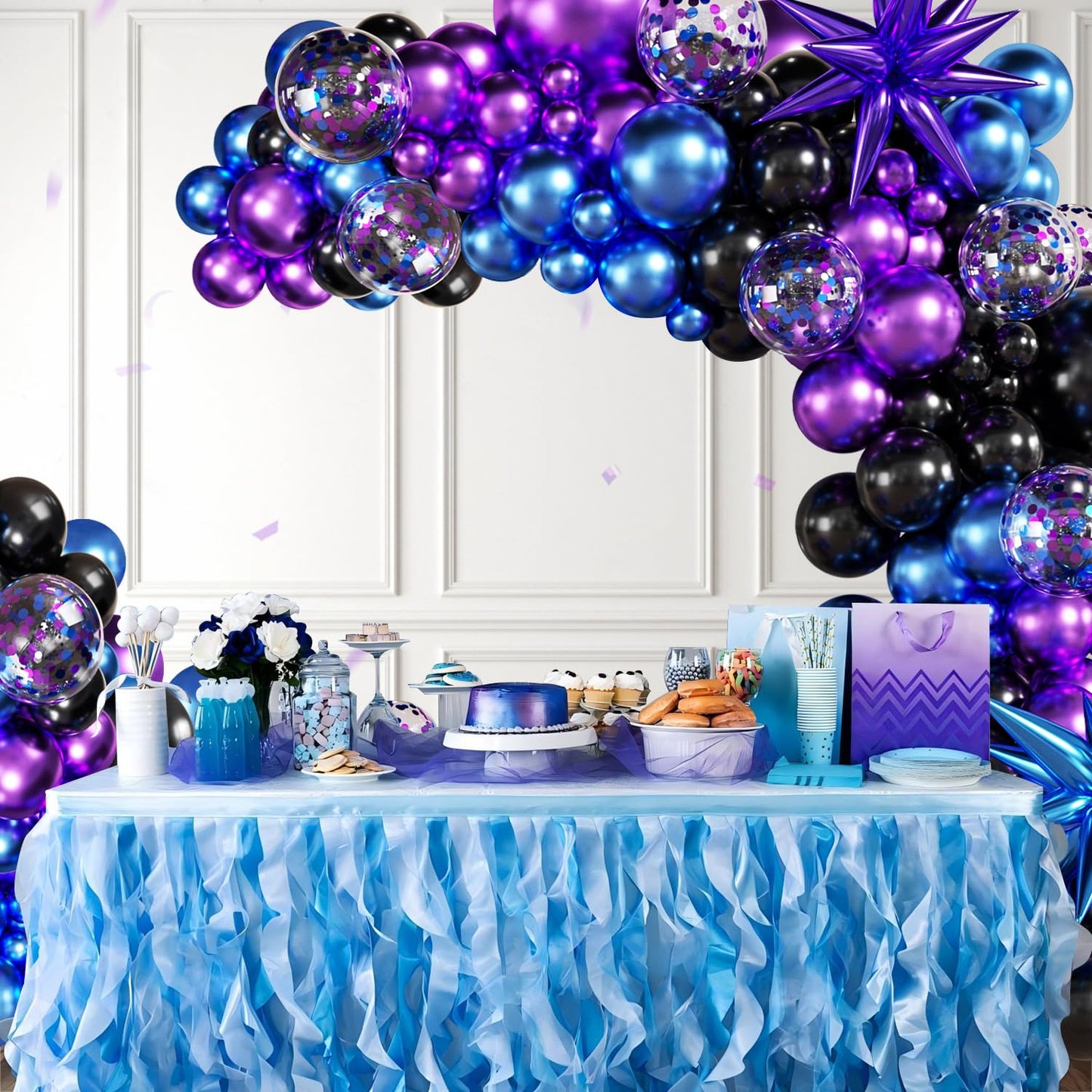 Black Purple Blue Balloon Garland Arch Kit, 140Pcs Metallic Blue Purple Teal Balloons Confetti Balloons with Stars for Fun Play Party Decorations Baby Shower Engagement Birthday Party Decorations