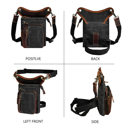 Handadsume Water Resistant Canvas + Leather Motorcycle Fanny Waist Pack One Shoulder Drop Leg Thigh Bag For Men Women FB211-6 (Z-211-11-Black)