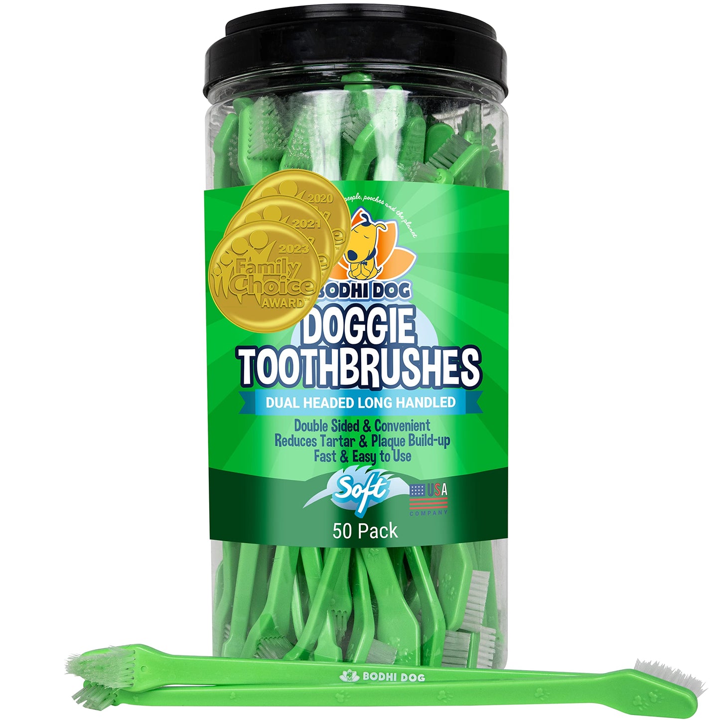 Bodhi Dog Dual-Headed Toothbrush for Dogs & Cats - Soft Bristles for Gentle Pet Dental Care - Puppy & Adult Teeth Cleaning - Easy-to-Use Design for Healthy Gums & Fresh Breath (50 Count)