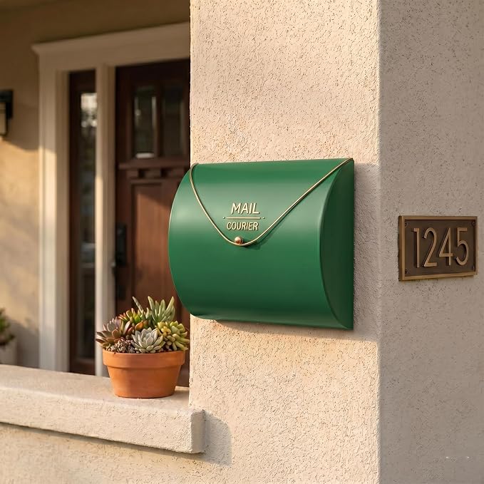 Green Wall Mount Mailbox for Outside,Waterproof Metal Mailboxes with Rust-Proof Galvanized Steel,Large Capacity Envelope Mailbox for House,12.99 x 10.35 x 3.5 Inch
